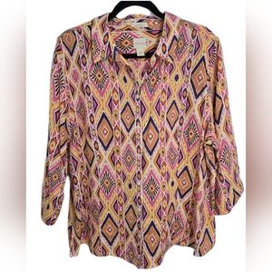 Chicos Sz 3 100% Linen Button Up Front & Back Shirt  Southwest Print 3/4 Sleeves